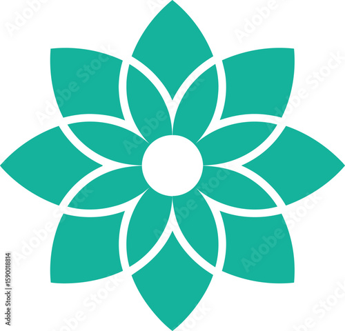 A symmetrical teal flower design with eight petals and a white center on a white background