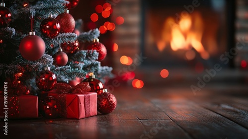 Christmas Tree Decoration With Red Ornaments and Presents Near Cozy Fireplace