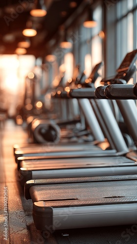 Morning Sunlight Illuminates a Row of Treadmills in a Modern Fitness Gym Duri...