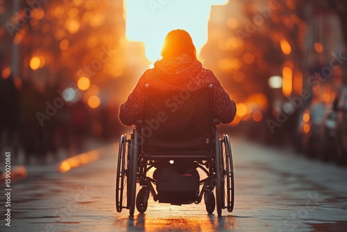 Woman in Wheelchair Enjoying Sunset in a Tranquil Park at Dusk While Surround...