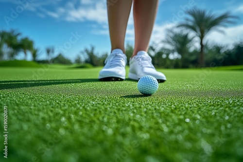 Golf Ball on Green With Player Preparing for Putt at Sunny Course