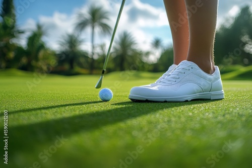 Golf Swing Practice on a Sunny Day With a Focus on the Ball and Shoes on the ...