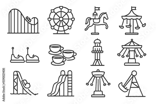 Amusement park ride icons on dark background