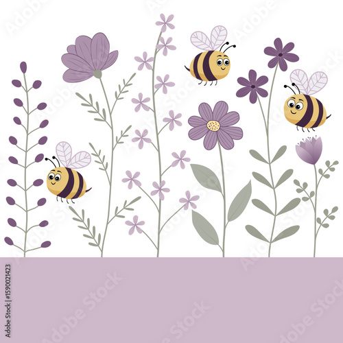 Quadratische Vektorgrafik mit niedlichen Bienen und violetten Blumen. Freier Platz für Text. Vorlage für Einladungen, Grußkarten, Werbung und Social Media Posts.