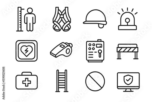 Safety equipment icons on dark background with twelve distinct symbols