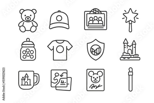 Collection of children's toys and games icons in light gray