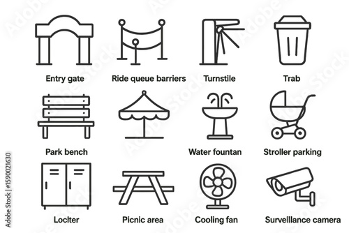 Amusement park icons: entry gate, turnstile, stroller parking, surveillance camera