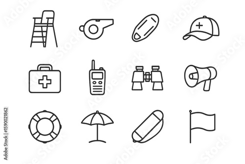 Lifeguard symbols collection: whistle, binoculars, first aid, flag, lifesaver