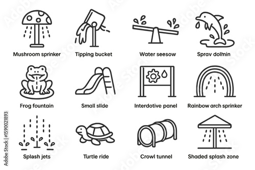 Children's water play area equipment icons for splash parks