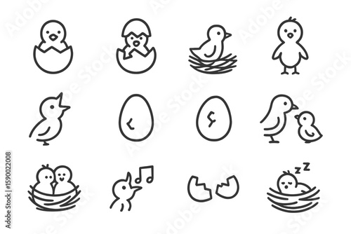 Cute chick and egg icon set on gray background