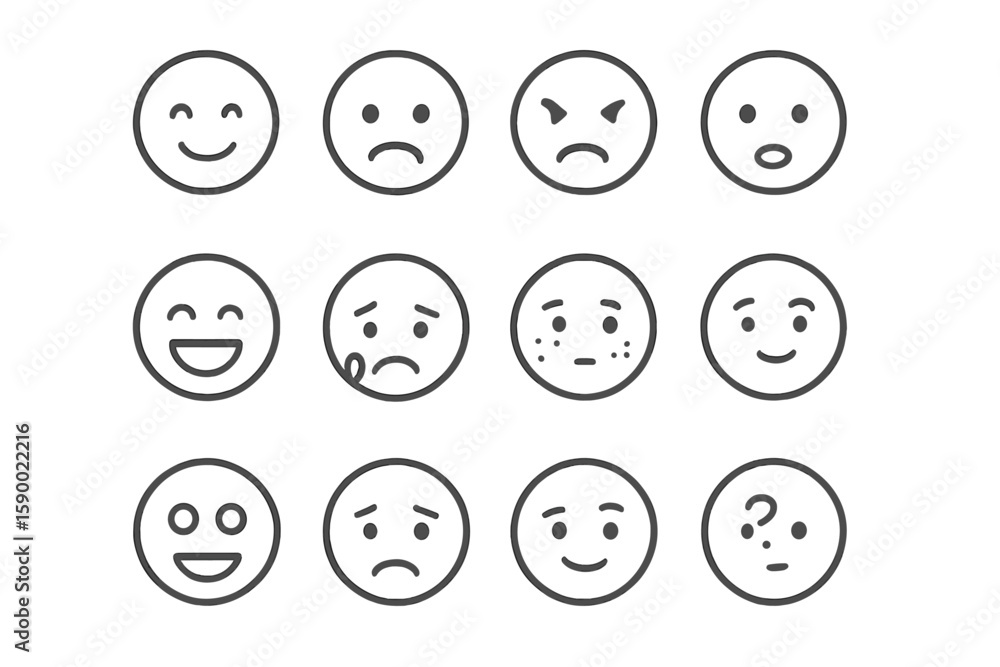 Twelve gray emojis displaying various facial expressions on textured background Twelve gray emojis displaying various facial expressions on textured background