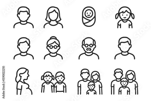 Simple black family icons set representing diverse ages and stages of life