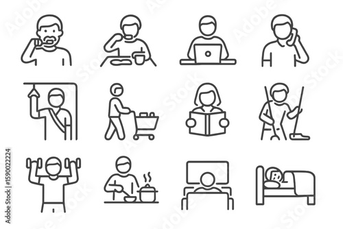 Outline icons of daily activities including work, exercise, and cooking