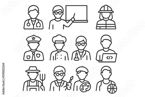 Outline icons of various professions including doctor, chef, and firefighter
