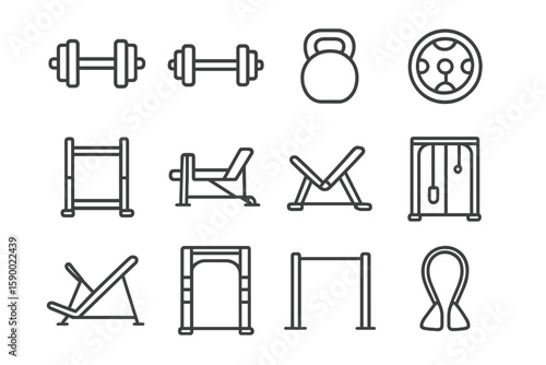 Minimalist gym equipment icons set for fitness and exercise enthusiasts