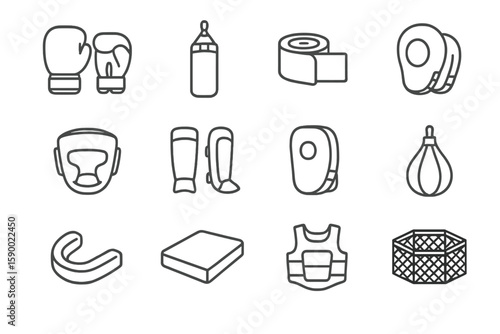 Boxing and mma gear silhouettes: gloves, punching bag, mouthguard, pads