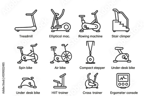 Exercise equipment icons: treadmill, bike, climber, stepper, trainer