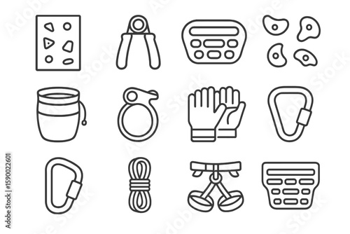 Climbing gear icons: harness, karabiner, rope, bucket, training hold set