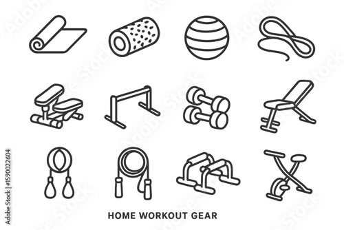 Home workout gear icons: dumbbells, yoga mat, jump rope, exercise ball