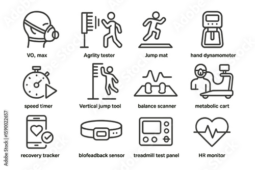 Fitness assessment tools: vo2 max, agility tester, jump mat, hr monitor