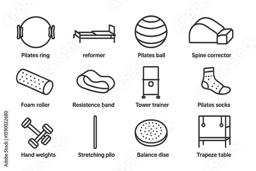 Pilates equipment icons: ring, reformer, ball, foam roller, balance disk