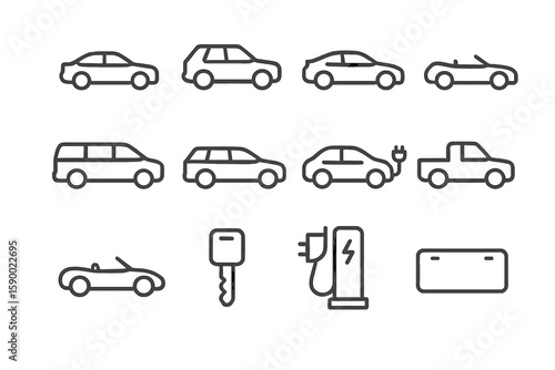 Outlined car icons: sedan, pickup, suv, convertible, electric, key