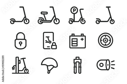 Electric scooter icons set with lock helmet battery and parking signs