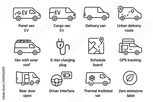 Electric vans with solar roofs and gps tracking icons displayed