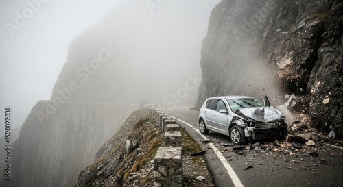 Silver passenger car damaged in rockfall on mountainous road. Auto accident concept for roadside assistance and warning.