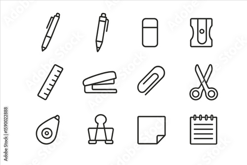 Office stationery icons: pens, scissors, stapler, clips, ruler, sharpener