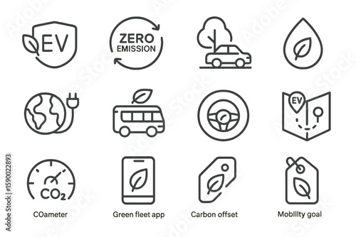 Eco-friendly icons promoting electric vehicles and sustainable transportation