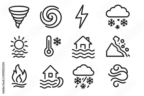 Weather icons: tornado, lightning, snow, sun, temperature, flood, fire, wind
