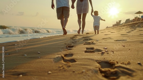 Parents walking hand in hand with their little kids on a beach at sunrise, footprints in sand, 