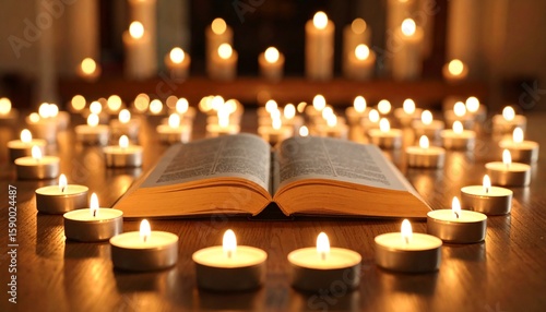 burning candles in church near Bible