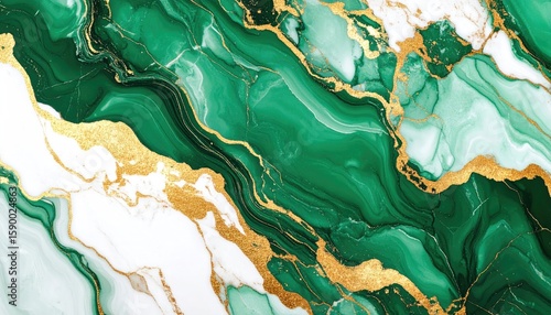 Abstract marble design with emerald green and gold accents