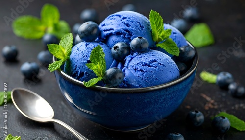 Wallpaper Mural Deep blue ice cream scoops in a bowl, garnished with blueberries and mint Torontodigital.ca