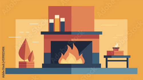 A modular fireplace being installed into a living space adding both warmth and style to the room.. Vector illustration