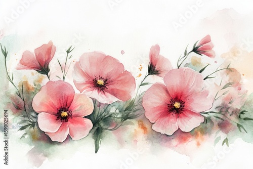 Beautiful Watercolor Flowers in Shades of Pink Bloom in a Serene Natural Sett...