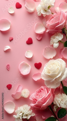 Floral Arrangement of Assorted Roses and Petals on Soft Pink Background for R...