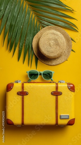 Travel Gear Ready for Summer Adventure With Yellow Suitcase and Accessories.