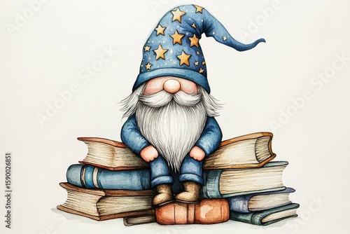 Whimsical Gnome With Blue Hat Surrounded by Colorful Books and Stars in a Mag...
