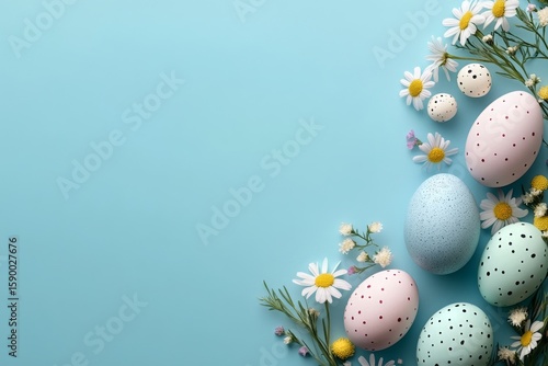 Colorful Easter Eggs and Flowers Arranged on a Blue Background for Spring Cel...