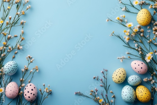 Colorful Easter Eggs Arranged With Flowers on a Blue Background for Festive S...