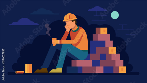 Amidst the hustle and bustle of the site a lone worker takes a moment to lean against a pile of bricks the dim light from his cigarette flaring up in. Vector illustration