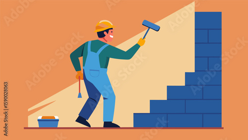 A laborer painting a new wall with a perfectly straight edge using a special tool.. Vector illustration