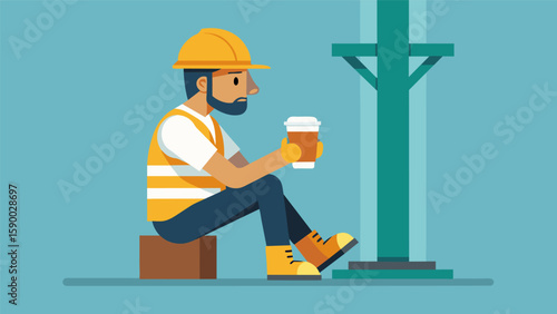 A worker leaning against a pole his hard hat resting beside him as he takes a break and enjoys an iced coffee.. Vector illustration
