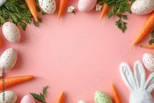 Colorful Easter Eggs and Carrots Arranged on a Pink Background for Festive Sp...