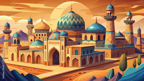 Bukhara, Uzbekistan – Ancient mosques and madrasas shimmer under desert sun. This Silk Road jewel offers intricate Islamic patterns and earth-toned beauty for classic vector composition.