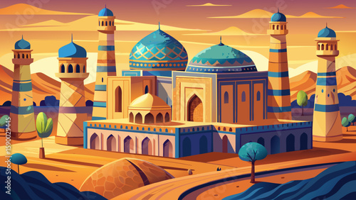 Bukhara, Uzbekistan – Ancient mosques and madrasas shimmer under desert sun. This Silk Road jewel offers intricate Islamic patterns and earth-toned beauty for classic vector composition.