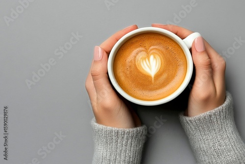 Enjoying a Cozy Cup of Coffee With Heart Latte Art on a Gray Background Durin...